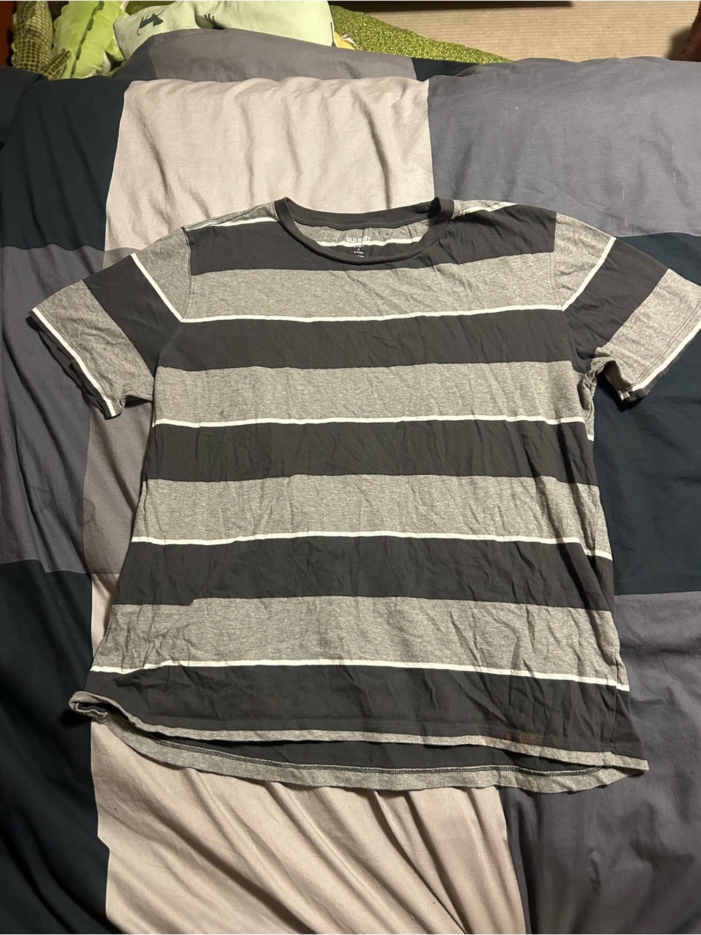 Men's Gray and Black Striped Crew Neck Shirt